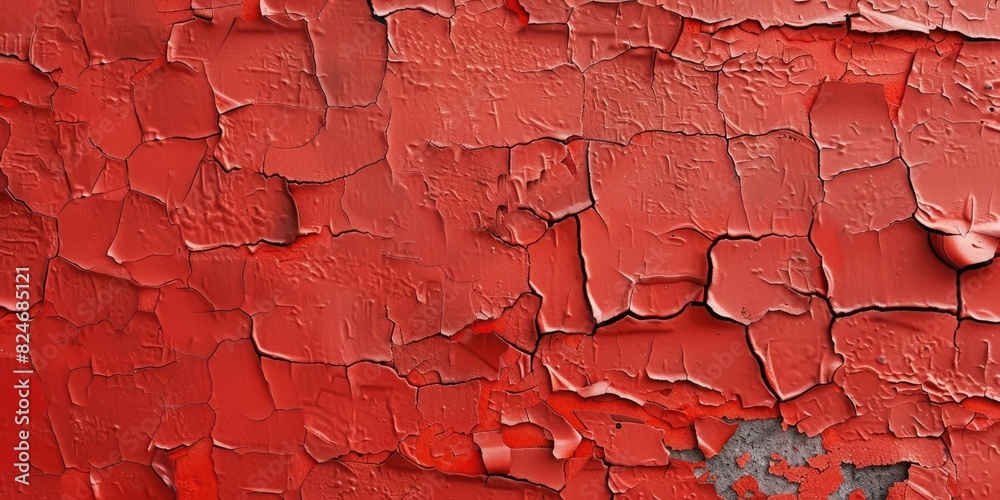 Poster an image of a red painted wall with peeling paint. suitable for backgrounds or textures