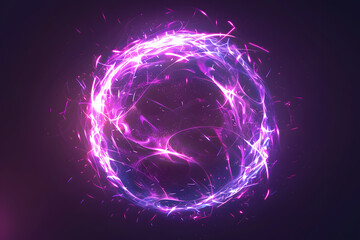 Abstract neon energy sphere of particles and waves of magical glowing on a dark background, circle and loop frames with magic purple and pink flame and sparks isolated on transparent, 