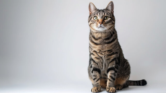Portrait of a sitting tabby cat looking forward against a white backdground