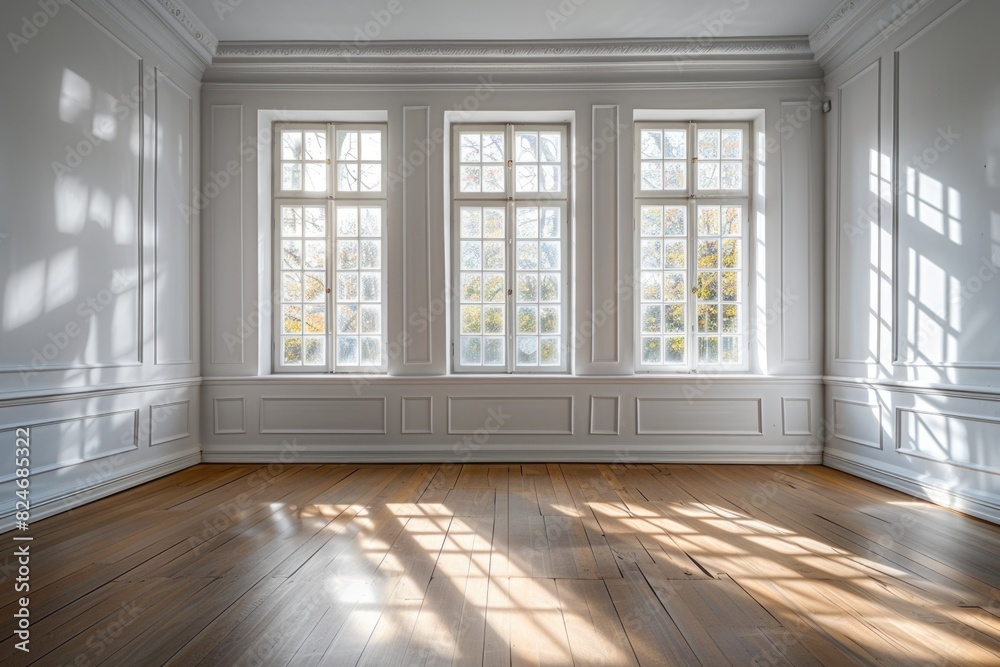 Poster A simple image of an empty room with three windows. Suitable for various interior design concepts