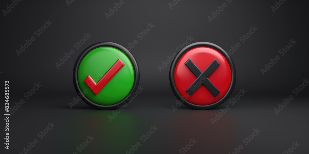 Leinwandbilder a red and green button with a cross mark. suitable for medical and error concept designs