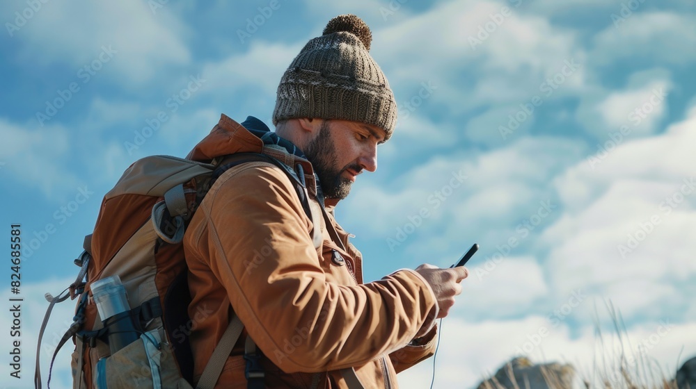 Poster a man with a backpack looking at his cell phone. suitable for technology concepts