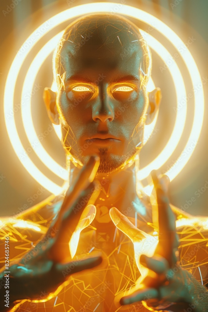 Poster a man with a glowing body and hands. suitable for technology concepts