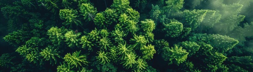 Top view of lush, vibrant green forest with dense tree foliage, perfect for nature, environment, and conservation themes.