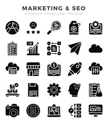 Collection of Marketing & SEO 25 Glyph Icons Pack.