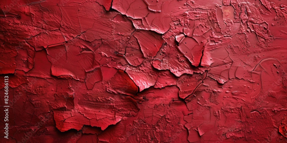 Poster detailed shot of a red wall with peeling paint. suitable for background or texture use