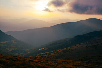 Amazing sunset in Ukrainian Carpathian mountains , Chornigysrsyi hrebet range