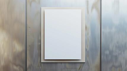 Blank glued poster template on a brushed aluminum wall, realistic 3D rendering of an advertising canvas.