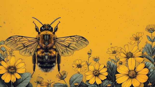 vintage background with bumble bee and yellow flowers
