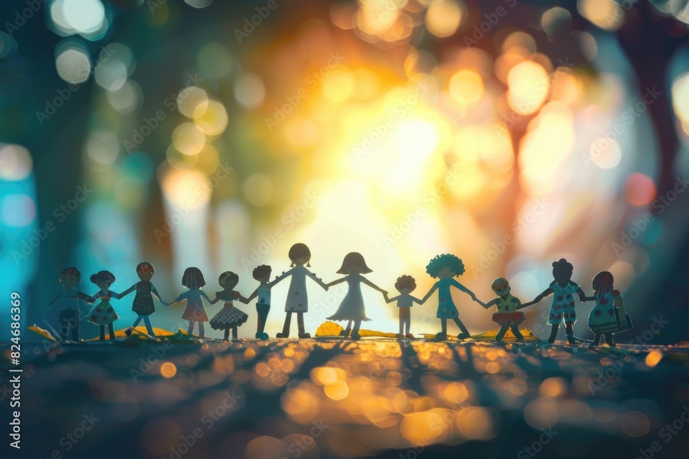 Poster group of small figurines holding hands. suitable for various concepts