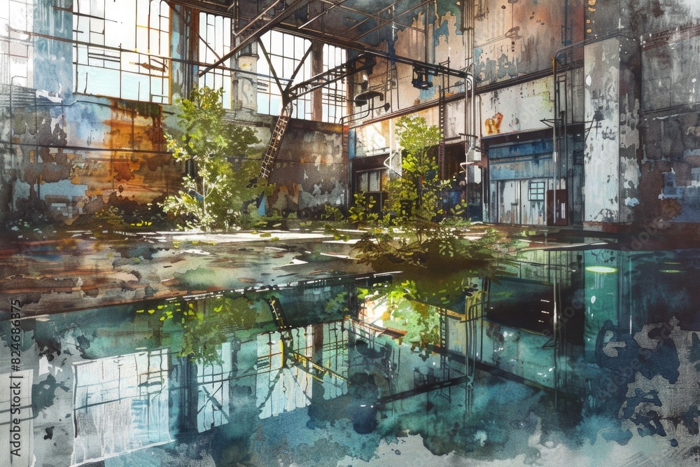 Poster a painting of a building with a pool of water. suitable for architectural and real estate concepts