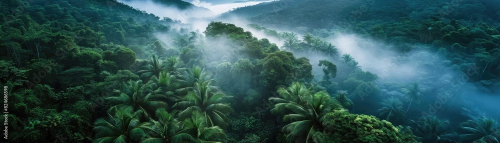 Poster aerial view of lush green rainforest covered in mist, creating a serene and mystical atmosphere in t