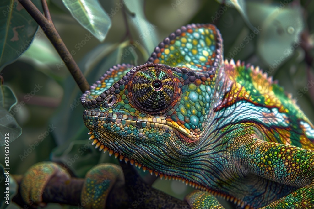 Poster a vibrant chameleon perched on a tree branch. ideal for nature and wildlife themed projects