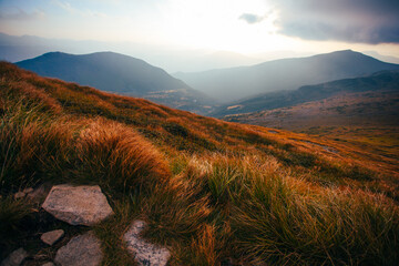Amazing sunset in Ukrainian Carpathian mountains , Chornigysrsyi hrebet range