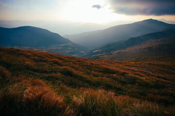 Amazing sunset in Ukrainian Carpathian mountains , Chornigysrsyi hrebet range