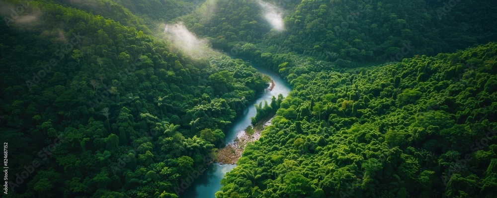 Poster aerial view of a winding river surrounded by lush green forest, with misty mountains in the backgrou