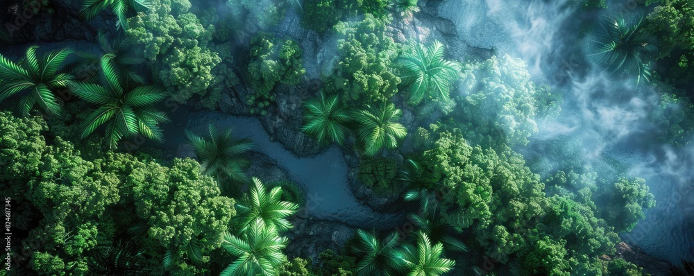 Poster Aerial view of a lush rainforest with dense green foliage and a winding river surrounded by mist and clouds, creating a mystical atmosphere.