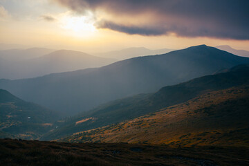 Amazing sunset in Ukrainian Carpathian mountains , Chornigysrsyi hrebet range