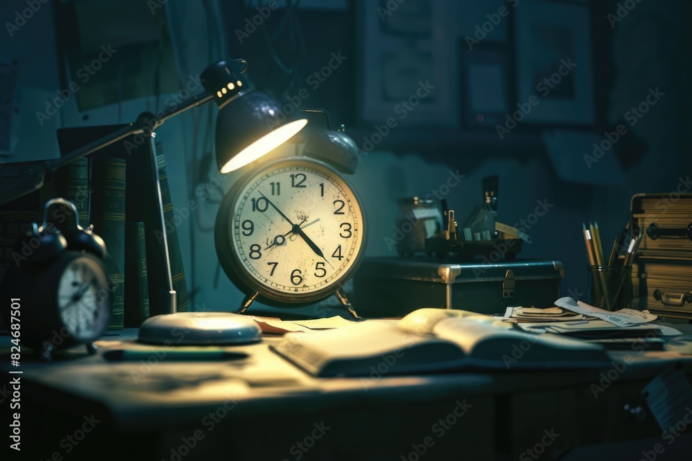Aufkleber A clock sitting on top of a desk next to a lamp. Suitable for office or workspace concepts