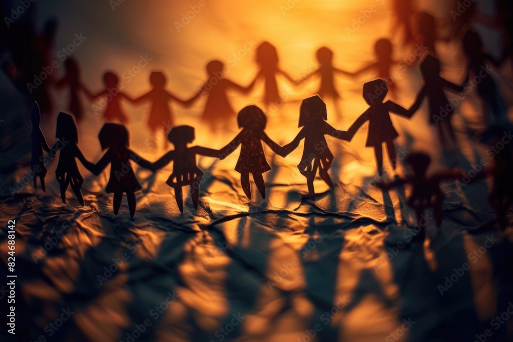 Poster group of paper people holding hands in a circle. suitable for team building concepts