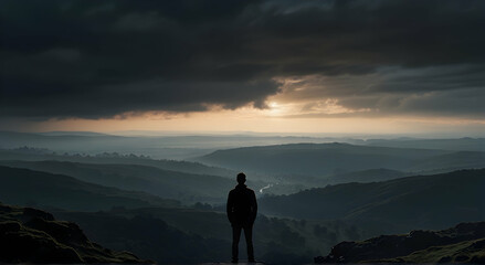 Obraz premium man standing on top of a mountain looking at the sky
