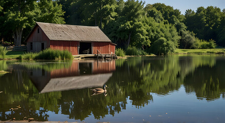 a duck is standing in the water near a red barn