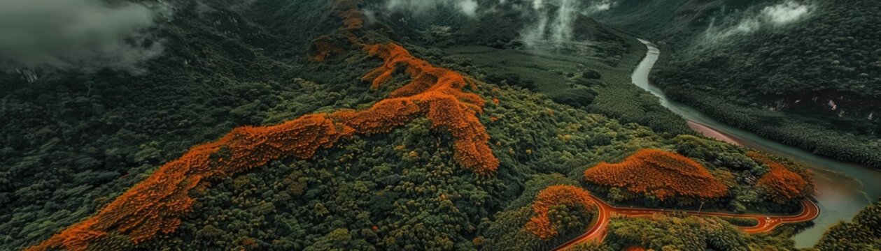 Aerial view of a majestic forest with vibrant autumn foliage, winding trails, and a serene river cutting through the lush landscape.