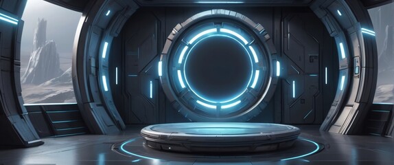 futuristic portal science fiction podium pedestal platform modern empty cyberpunk podium mockup space background