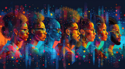 Image of people in profile in art graphic style, in blue and orange tones. People with and without glasses of different nationalities and skin colors, different religions and creeds