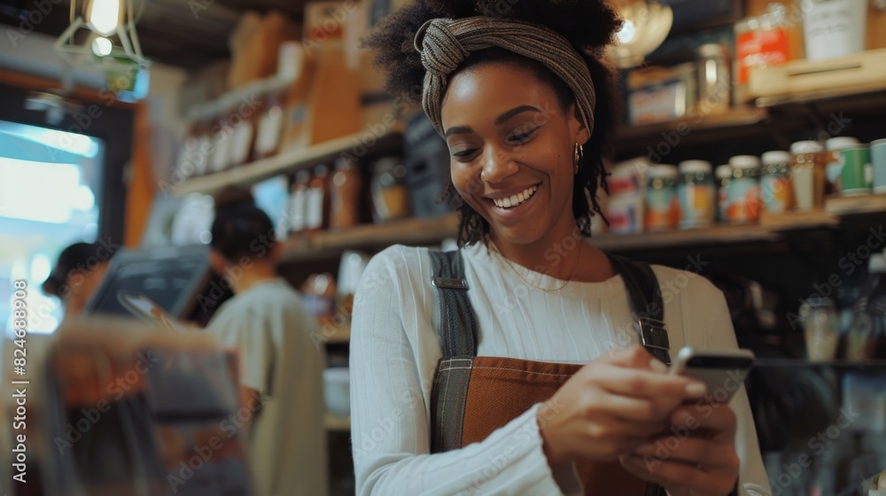 Poster Woman smiling while using cell phone. Great for technology concepts