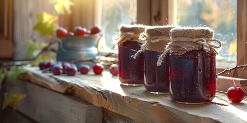 a couple of jam jars sitting on a window sill next to a window sill with cherries