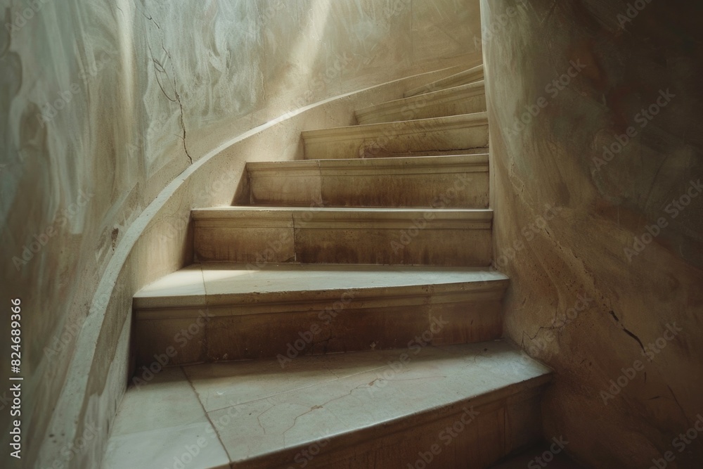 Poster a set of stairs leading up to the top of a building. suitable for architectural and urban themes