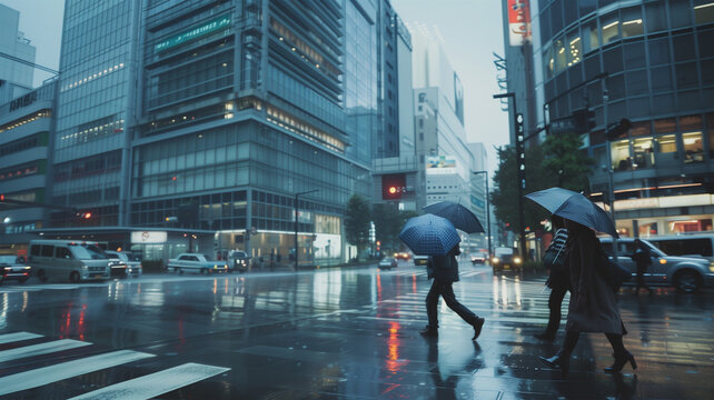 大雨が降る日本の都心