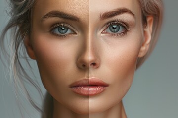 Transformation of a woman's face with and without makeup, suitable for beauty and cosmetic concepts