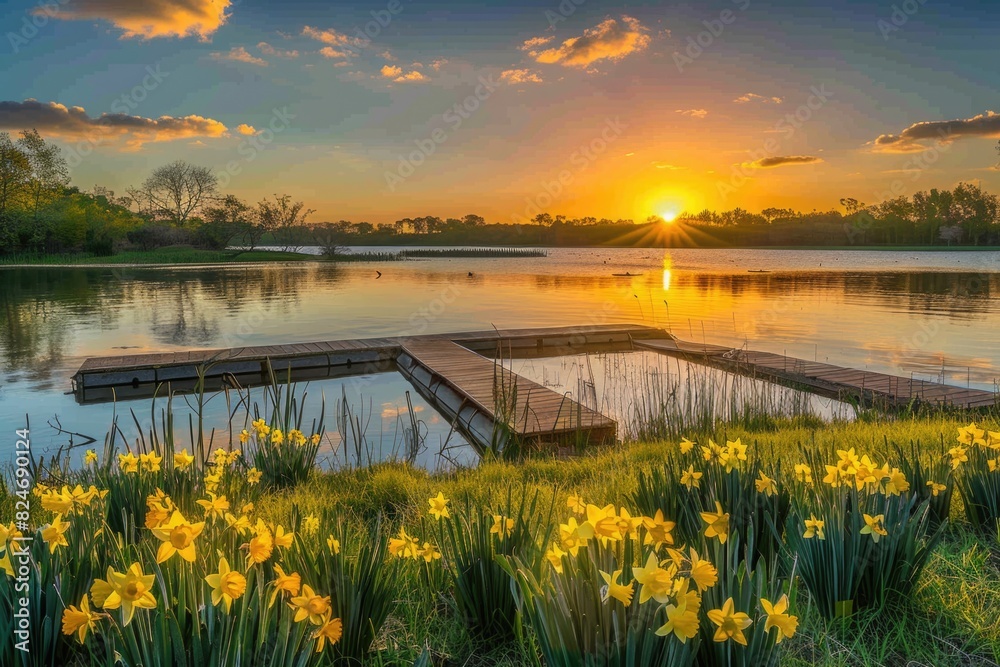 Poster beautiful sunset over a serene lake with daffodils in the foreground. ideal for nature and landscape