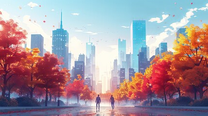 Urban lifestyle scene. Man and women in casual clothes walk in modern city. Colorful buildings and skyscrapers. Pedestrian and citizens in sunny day. Cartoon flat vector illustration