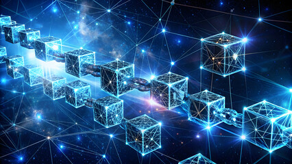 Obraz premium Abstract Blockchain Technology Concept: Futuristic Low Poly Wireframe Style. Perfect for: Blockchain Technology Day, International Data Privacy Day, World Cryptography Day.