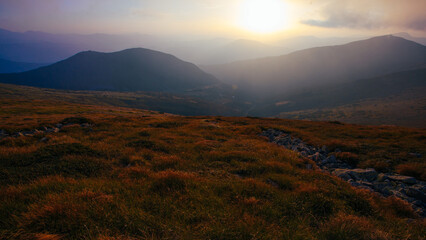 Amazing sunset in Ukrainian Carpathian mountains , Chornigysrsyi hrebet range