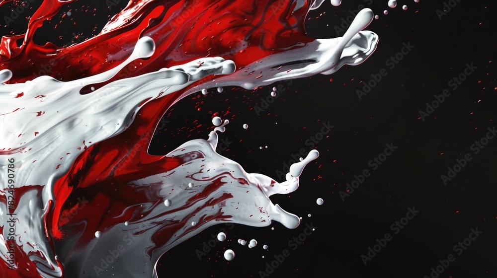 Poster vibrant red and white liquid splashing on a dark black surface. perfect for dynamic and eye-catching