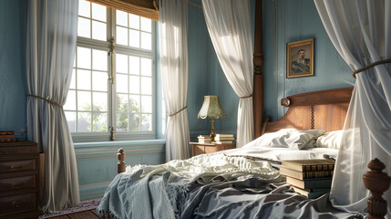 The bedroom walls are painted a soothing pale blue, reminiscent of a clear sky. A canopy bed dominates the center