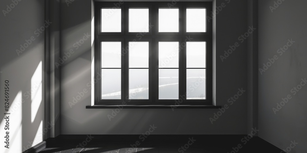 Poster a simple black and white photo of a window in a room, suitable for various design projects