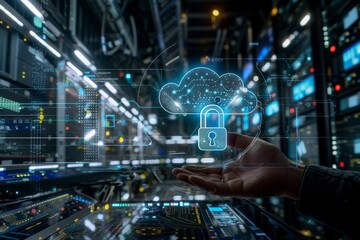 Innovative cloud computing with padlock and digital circuits, illustrating advanced cybersecurity measures and secure storage solutions in a tech centric ecosystem