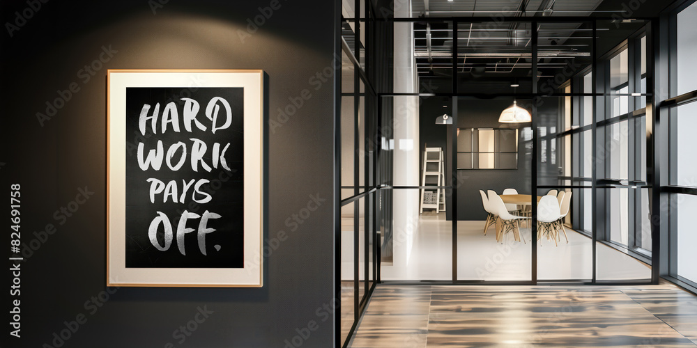 Wall mural Hard work pays off on a sign inside a modern office breakout or meeting area	
