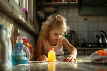 Young girl sitting at table with a bottle of juice, suitable for food and beverage concepts