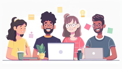 Illustration of a diverse group of young professionals working together on laptops, fostering teamwork and creativity in a modern workspace.