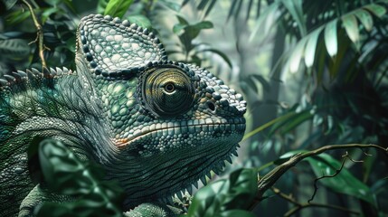 Close up of a chameleon in a forest. Perfect for nature and wildlife themes