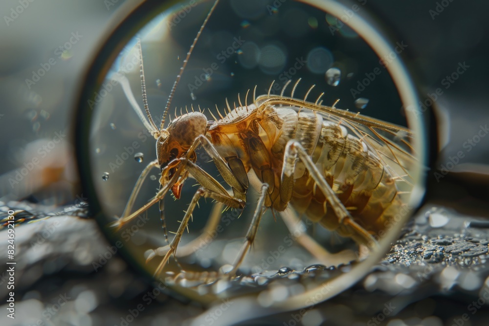 Poster detailed view of a bug through a magnifying glass, perfect for scientific projects
