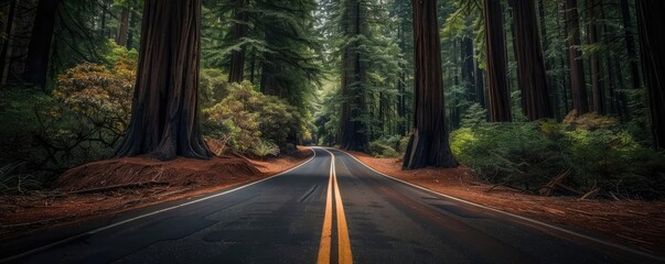 Scenic road flanked by majestic redwood trees in a forest, with a clear path leading forward under the tranquil canopy of greenery. - Powered by Adobe