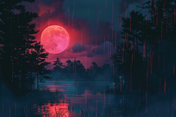 Gentle rain falling on a peaceful morning scene with calm peaceful serene calm