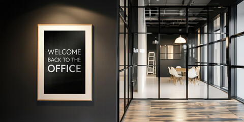 Welcome back to the Office sign inside a modern office breakout or meeting area	
